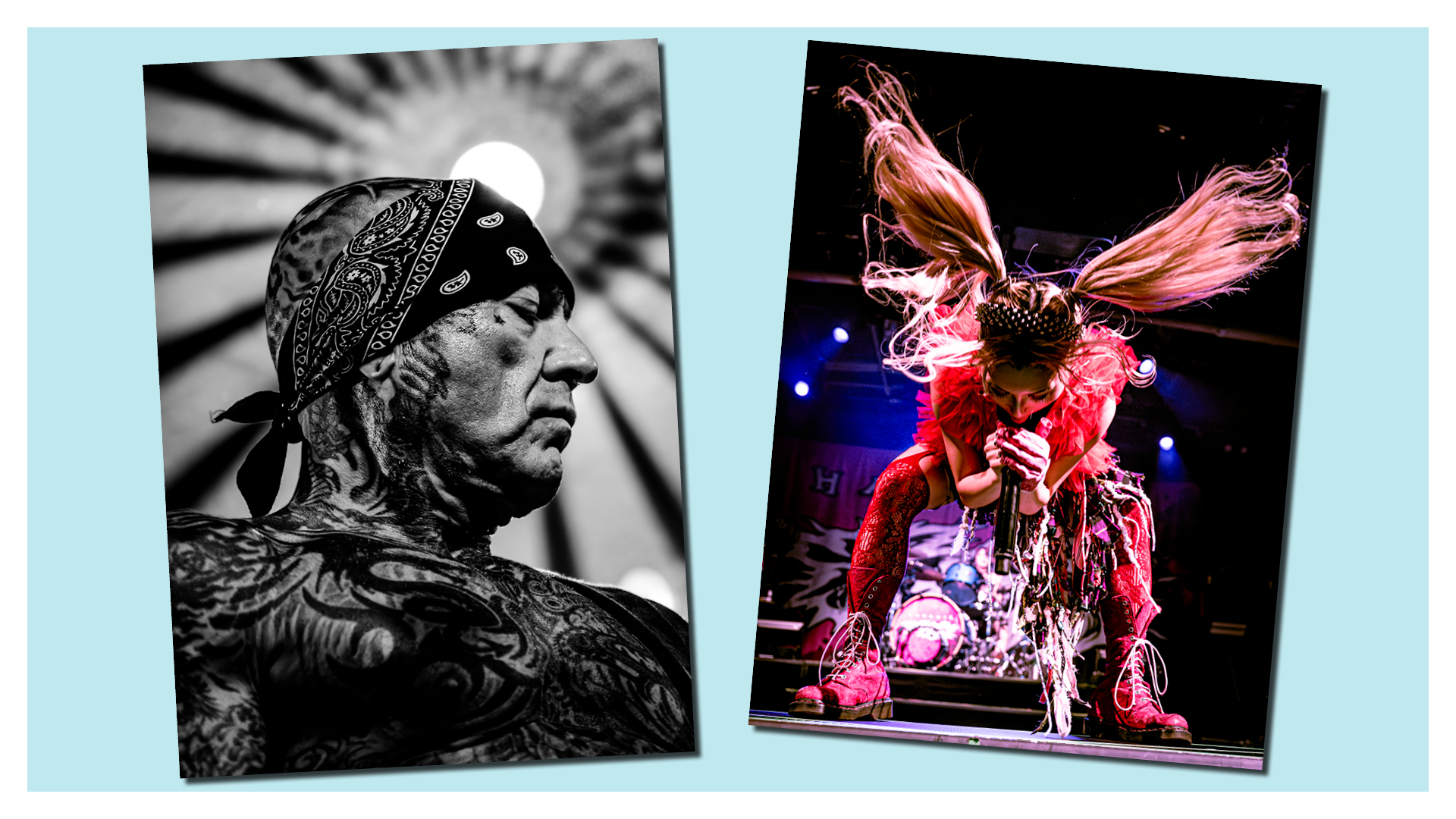 Two pictures by music photographer Afra Gethoeffer Gruetz: Evan Seinfeld from American hardcore band Biohazard, on the left, and Yukina, the singer of the band Hanabie, headbanging during her show.
