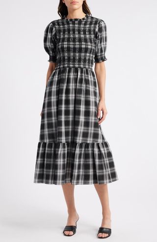 Check Smocked Puff Sleeve Midi Dress