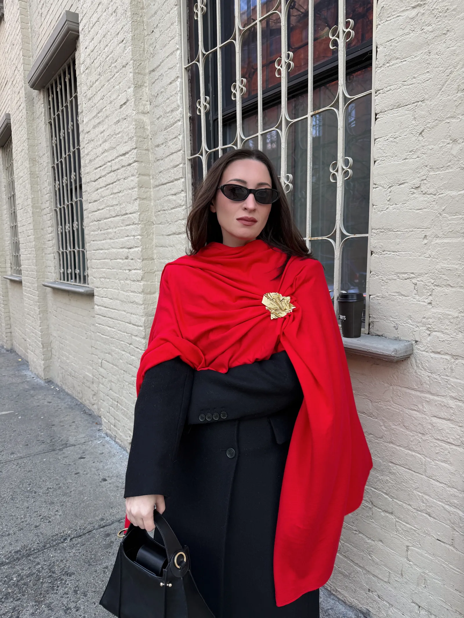 image of a woman with a red scarf and gold brooch