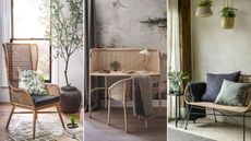 Three images of natural wicker furniture 