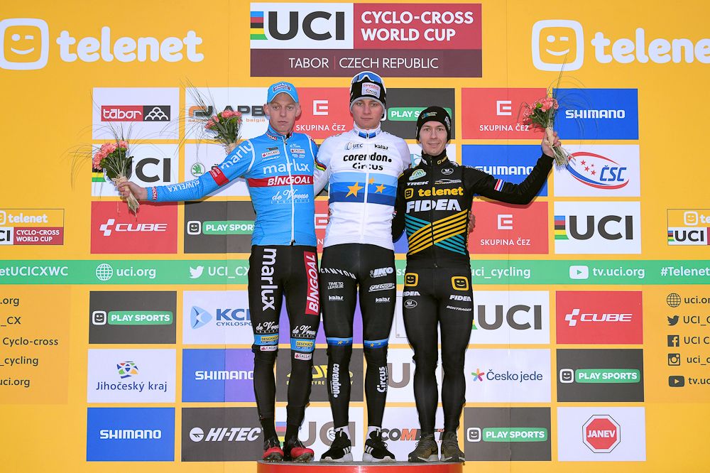 Tabor Wolrd Cup podium: Michael Vanthourenhout (Marlux - Bingoal), Mathieu van der Poel (Corendon - Circus) and Lars Van der Haar (Telenet Fidea Lions)