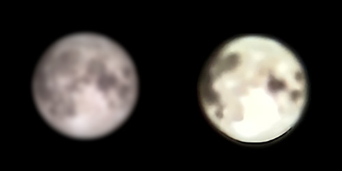 Side-by-side of blurred moon image with output of the same image captured with Space Zoom on Galaxy S23 Ultra