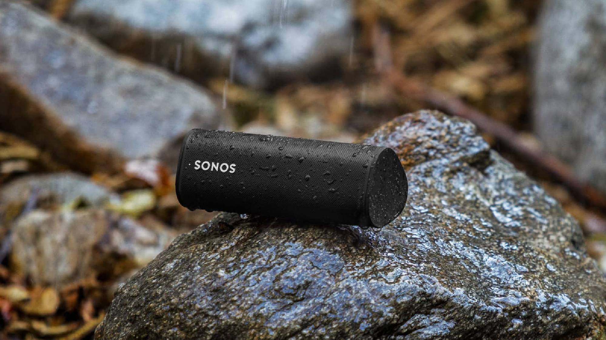 Sonos Roam SL speaker on a rock