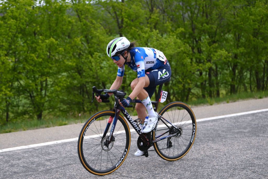 TERUEL SPAIN APRIL 30 Mireia Benito of Spain and AG Insurance Soudal Team competes in the breakaway during the 10th La Vuelta Femenina 2024 Stage 3 a 1303km stage from Lucena del Cid to Teruel UCIWWT on April 30 2024 in Teruel Spain Photo by Alex BroadwayGetty Images