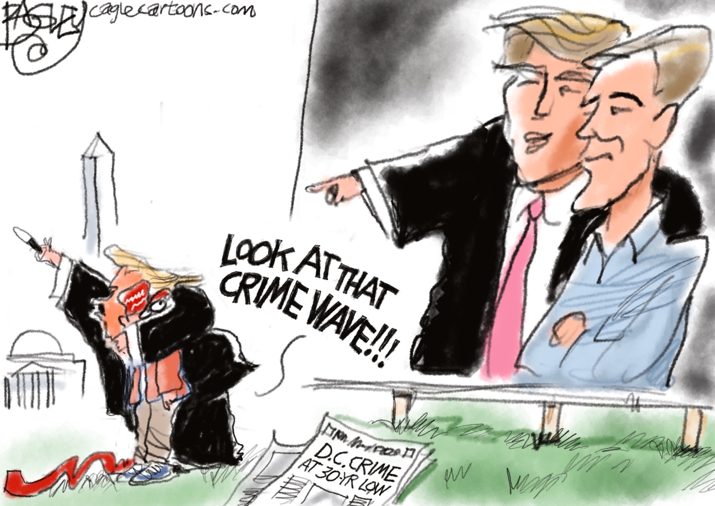 This cartoon shows Donald Trump with his arm around a MAGA supporter, trying to distract the man from a large image of Trump partying with Jeffrey Epstein. A newspaper on the ground has a headline that reads, “D.C. Crime at 30-YR low.” Trump says, “Look at that crime wave!!!”