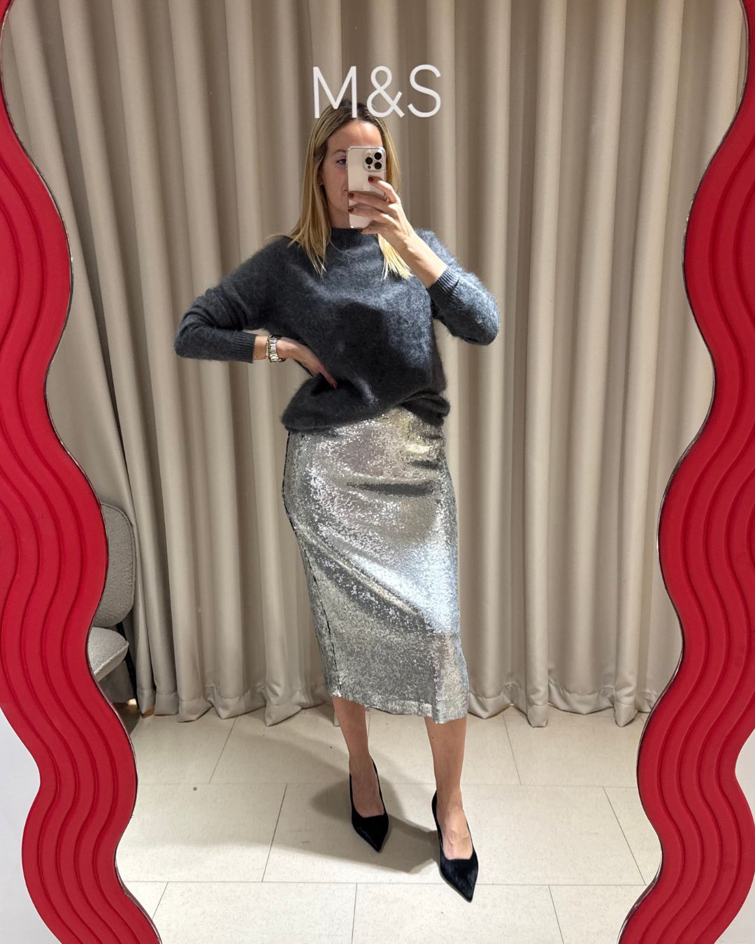 Lily Russo-Bah trying on the new M&amp;amp;S x 16 Arlington collaboration