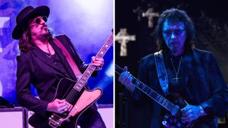 Scot Holiday of Rival Sons leans back into a solo. Tony Iommi performs with Black Sabbath under dark purple lights