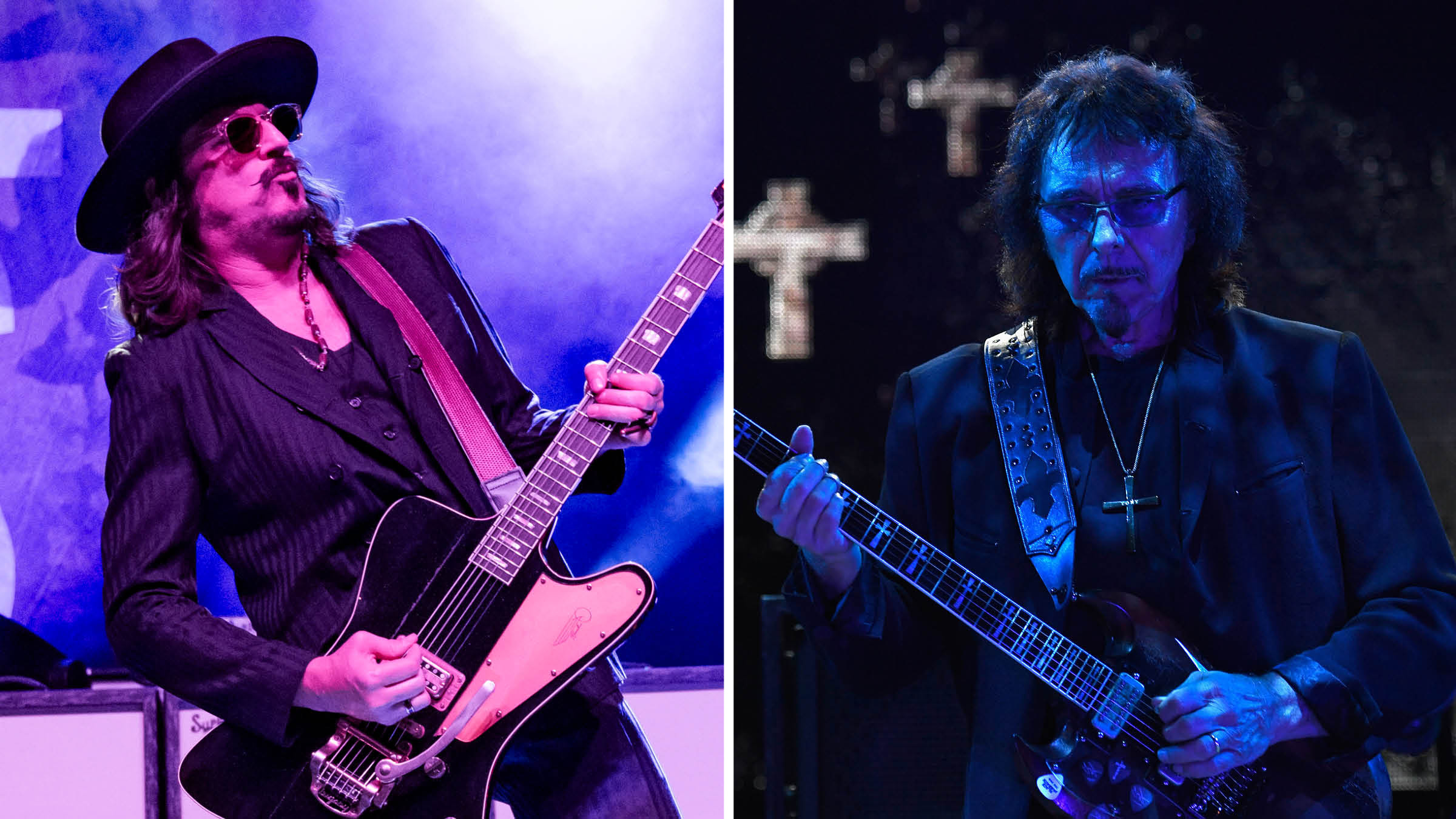 Scot Holiday of Rival Sons leans back into a solo. Tony Iommi performs with Black Sabbath under dark purple lights