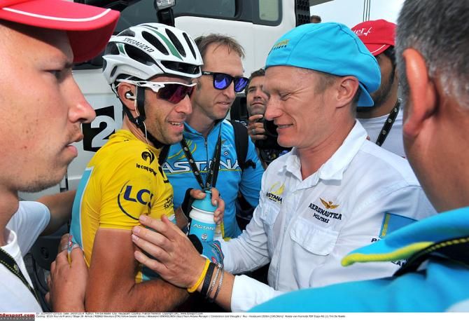 Vincenzo Nibali is congratulated after his stage win