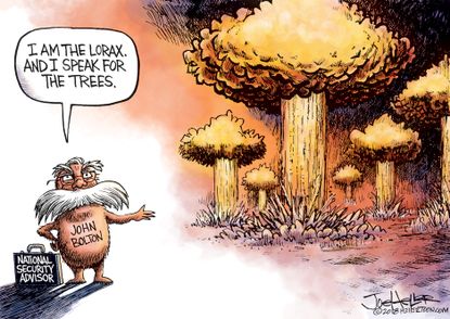 Political cartoon U.S. John Bolton national security nuclear war The Lorax