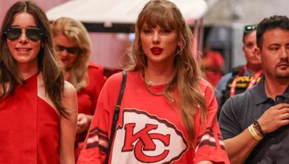 Taylor Swift arrives at the Chiefs game wearing an oversize t shirt styled like a mini dress