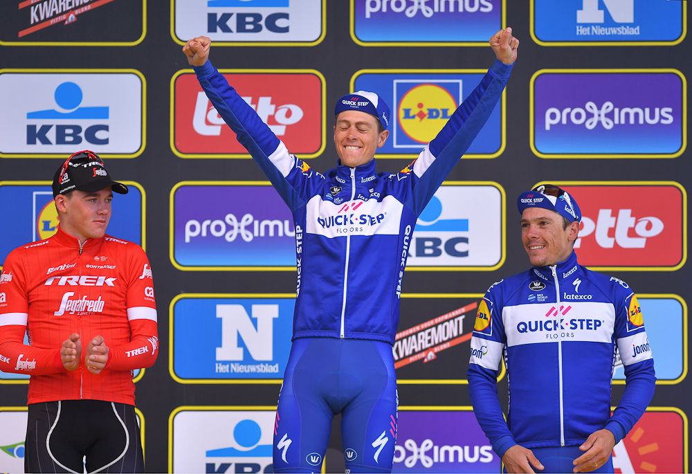 Mads Perdersen, Niki Terpstra and Philippe Gilbert celebrate on the 2018 Tour of Flanders podium