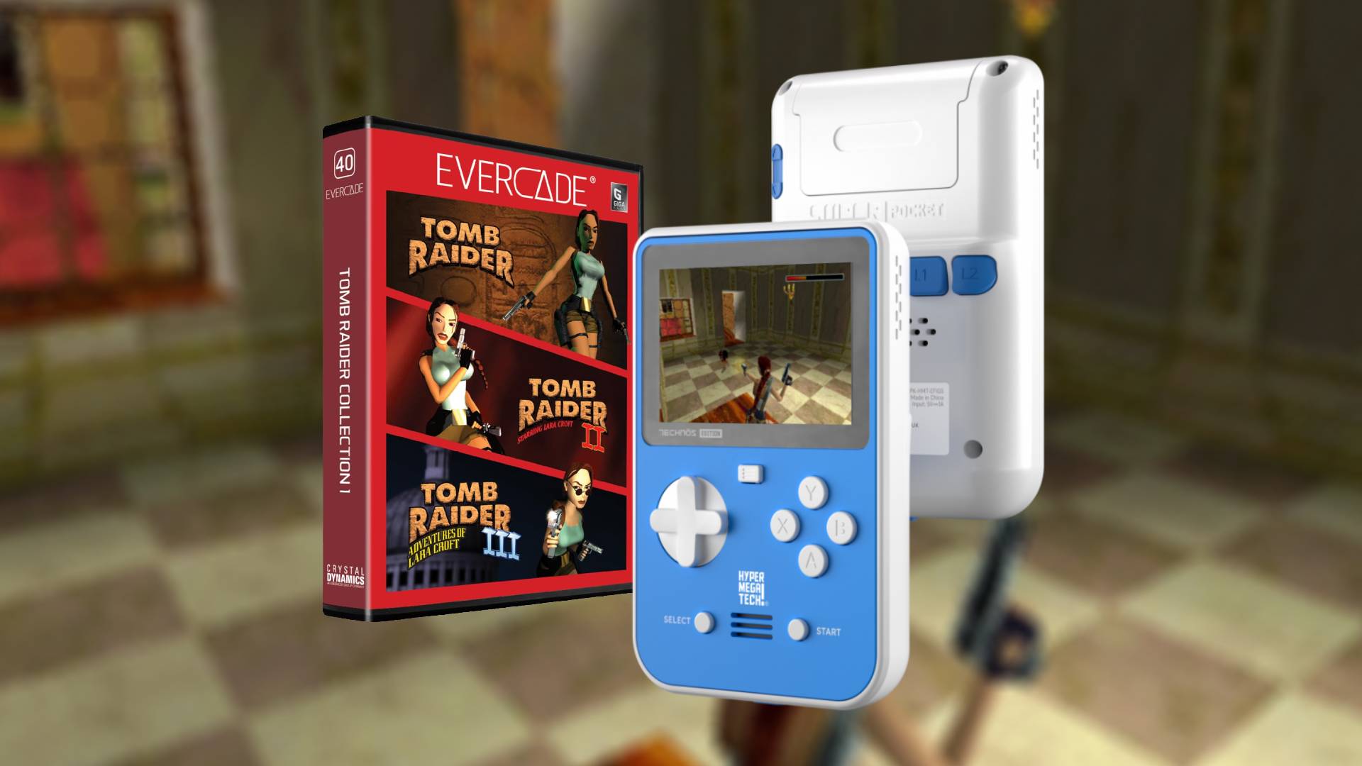 Super Pocket TECHNOS edition with Tomb Raider collection gameplay on screen next to game box and blurred gameplay in backdrop.