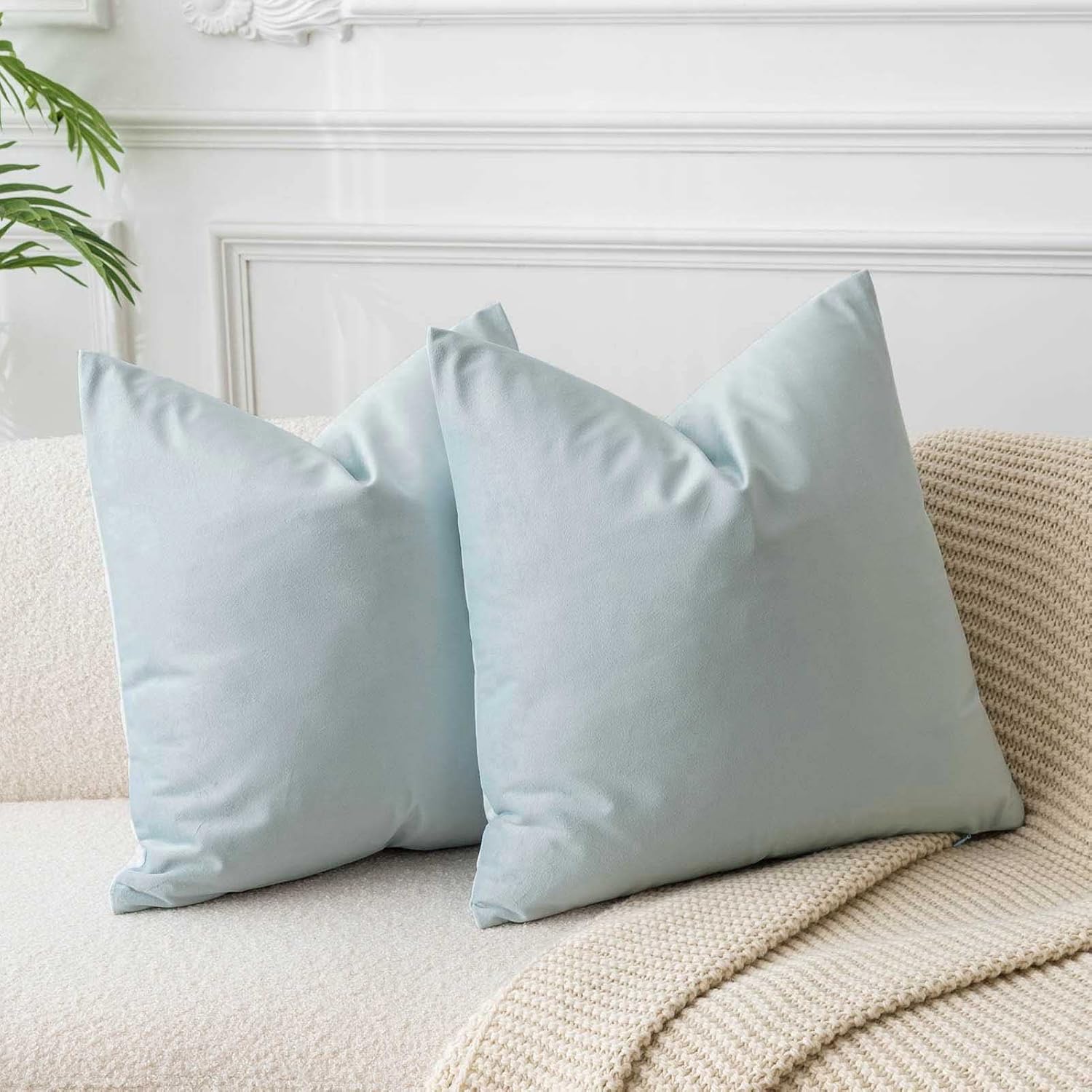 Juspurbet Powder Blue Velvet Throw Pillow Covers 24x24 Inch Set of 2 for Living Room Couch Sofa Bedroom Decorative Square Solid Soft Cushion Cases With Invisible Zipper