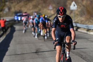 PRATI DI TIVO ITALY MARCH 13 Geraint Thomas of The United Kingdom and Team INEOS Grenadiers Wout Van Aert of Belgium and Team Jumbo Visma Blue Leader Jersey Jakob Fuglsang of Denmark and Team Astana Premier Tech Nairo Alexander Quintana Rojas of Colombia and Team Arkea Samsic Simon Yates of United Kingdom and Team BikeExchange Julian Alaphilippe of France and Team Deceuninck QuickStep during the 56th TirrenoAdriatico 2021 Stage 4 a 148km stage from Terni to Prati di Tivo 1450m TirrenoAdriatico on March 13 2021 in Prati di Tivo Italy Photo by Tim de WaeleGetty Images