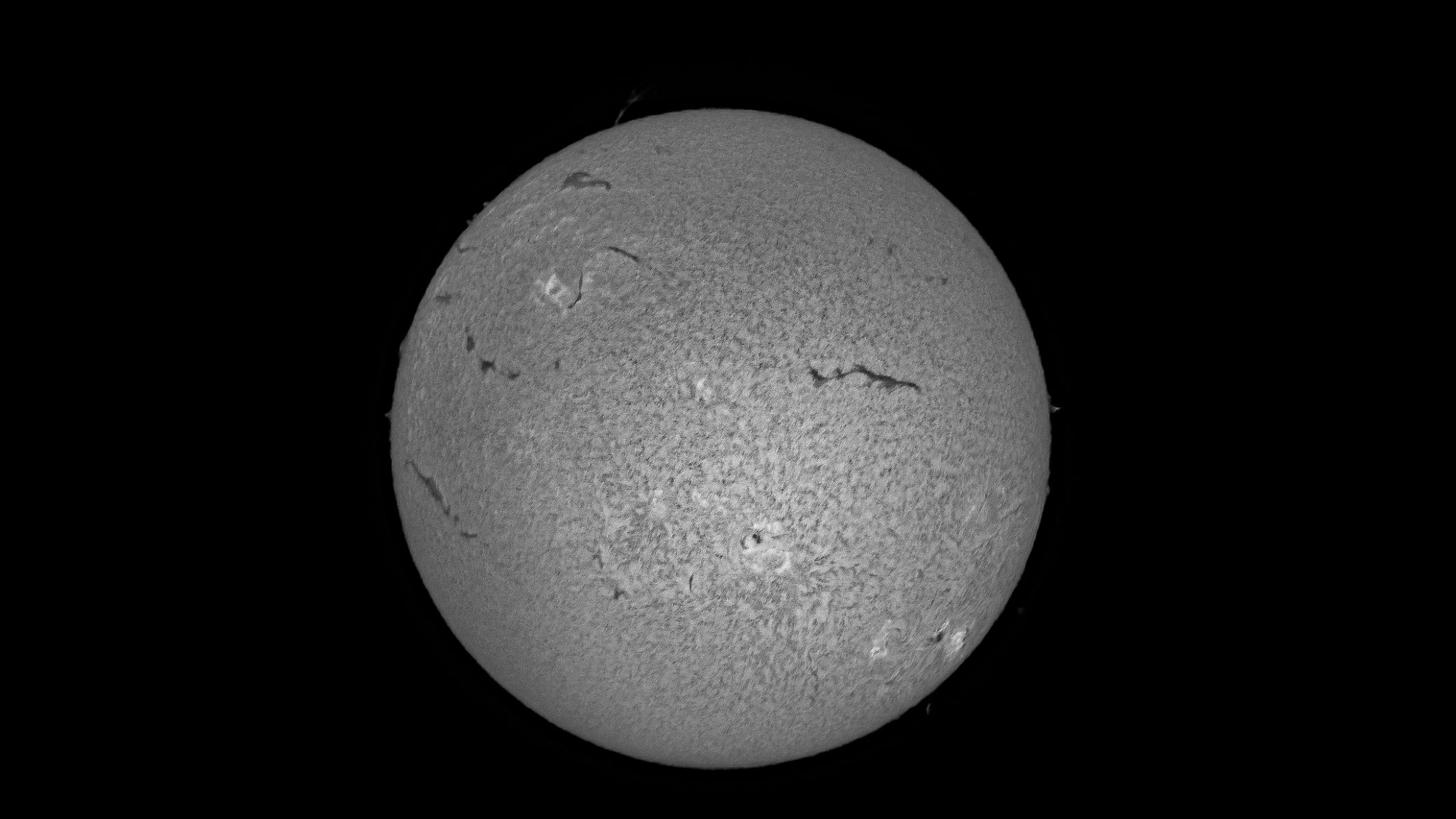 The solar disk in black and white, showing a textured surface and dark spots, as imaged using the Sky-Watcher Heliostar 76mm H-alpha solar telescope.