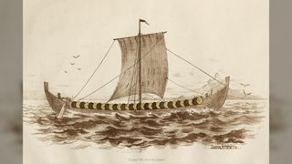 The Gokstad ship as it would have looked on the water, in a drawing from the original 1882 report of the discovery. The yellow and black painted shields can be seen in a row along the top of the hull.