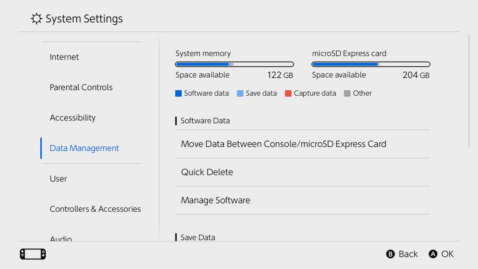 Nintendo Switch 2 Settings screen displaying console storage capacity