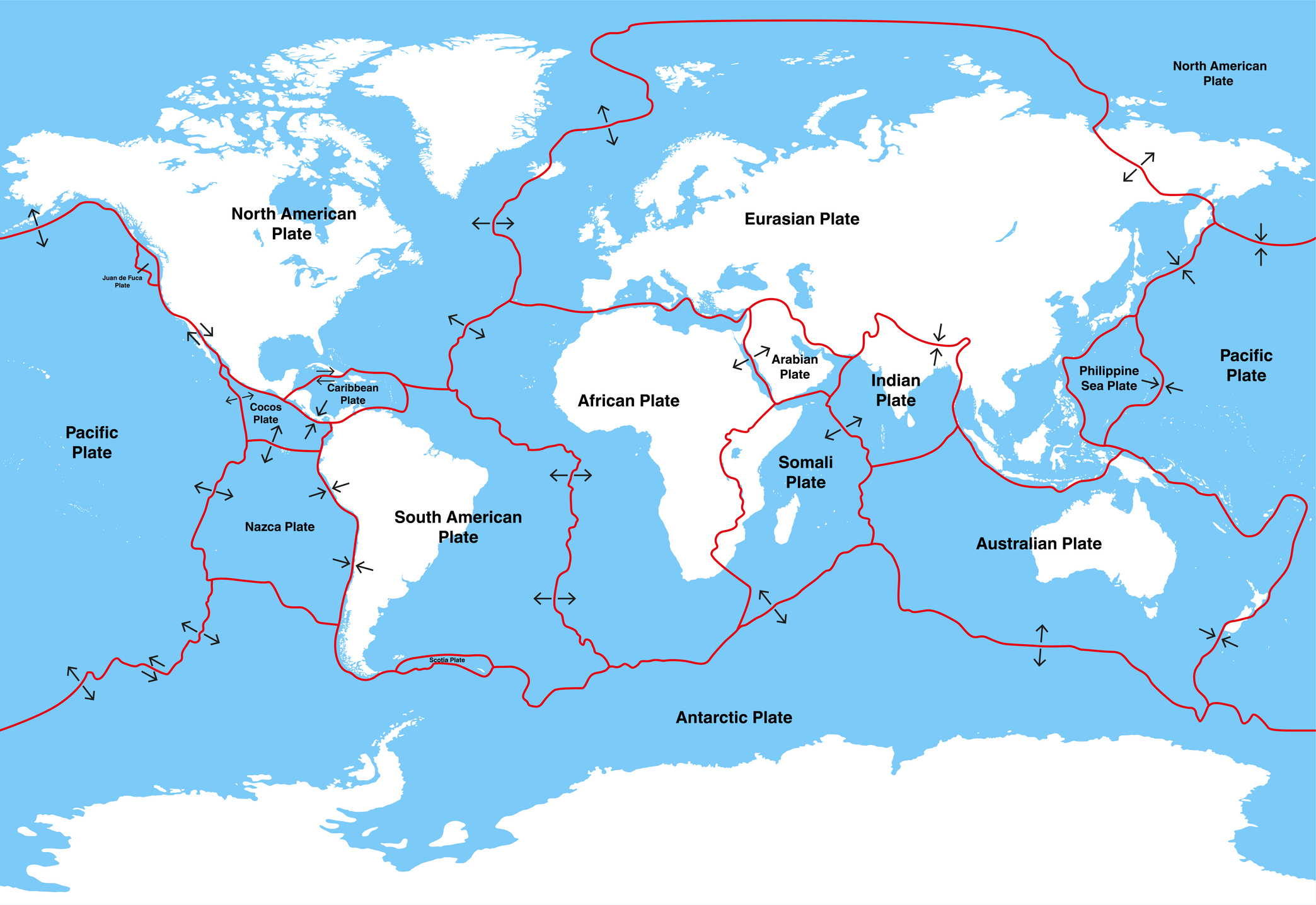 a map of earth with red lines throughout to show the locations of tectonic plates