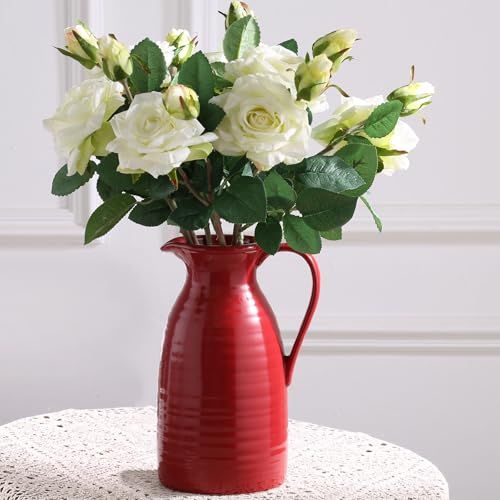 Hjn Hjn Farmhouse Pitcher Vase for Flowers- Ceramic Pitcher Vase Red Decorative Pitcher for Your Kitchen/home Decor/office/living Room/bookshelf/mantel/-Red