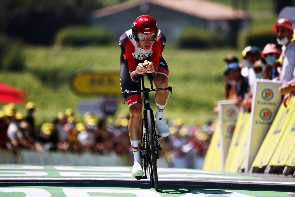 SAINTEMILION FRANCE JULY 17 Brandon Mcnulty of The United States and UAETeam Emirates at arrival during the 108th Tour de France 2021 Stage 20 a 308km Individual Time Trial Stage from Libourne to SaintEmilion 75m ITT LeTour TDF2021 on July 17 2021 in SaintEmilion France Photo by Chris GraythenGetty Images