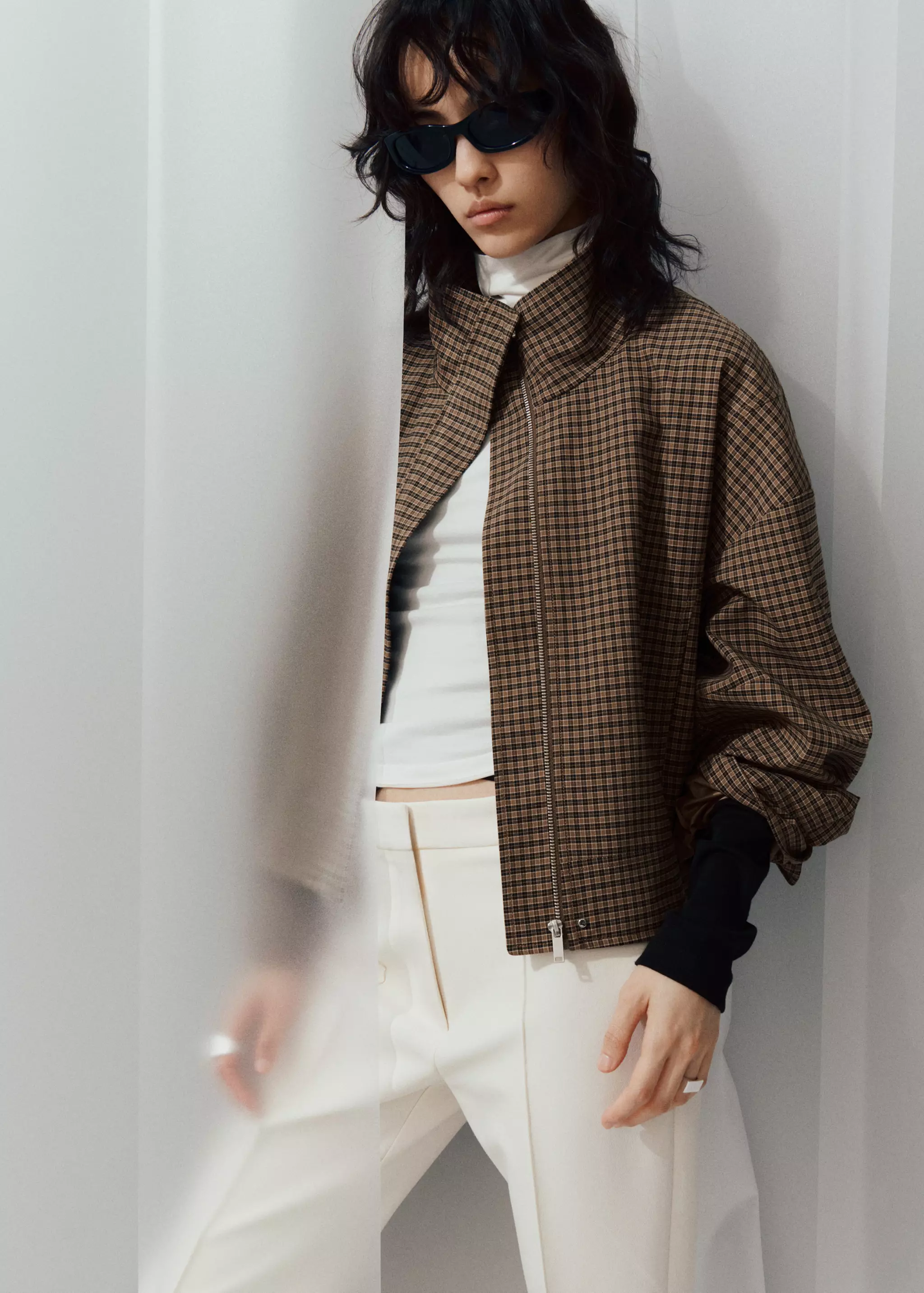 Checked Jacket With Funnel Neck - Women | Mango United Kingdom