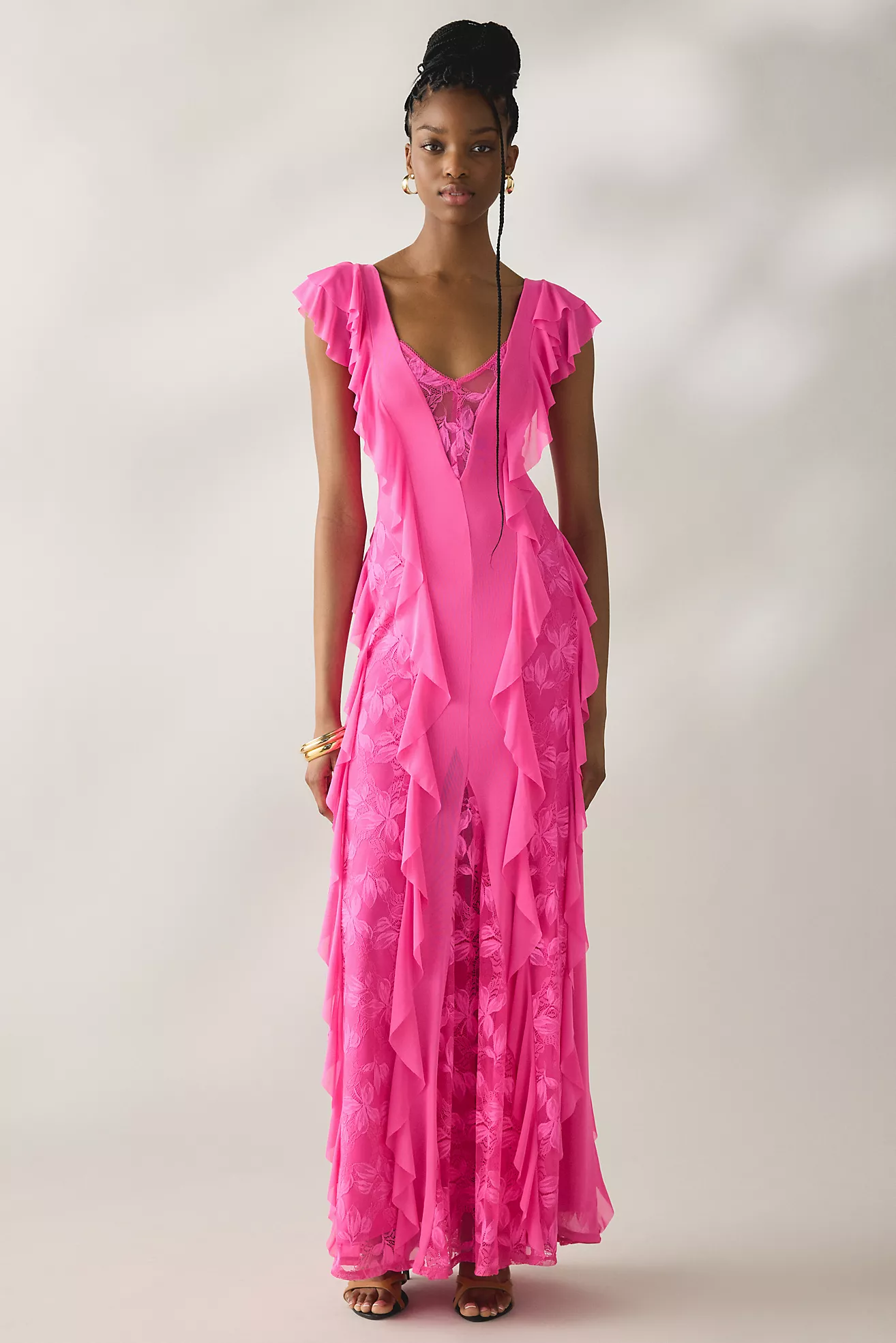 Afrm Trista Brilliant Pink Cascading Ruffle Lace Maxi Dress