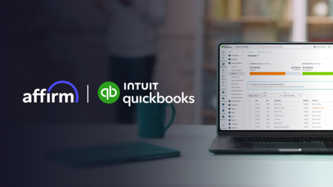 Affirm and Intuit QuickBooks logos over image of a desk with a laptop on it.