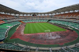 This photograph taken in Ebimpe northern Abidjan on December 5, 2023 shows a general view of the Alassane Ouattara Olympic stadium, one of the six stadiums for the CAN 2024 during a visit to the CAN infrastructures by journalists from the international press. (Photo by Sia KAMBOU / AFP) (Photo by SIA KAMBOU/AFP via Getty Images) AFCON 2023 stadiums