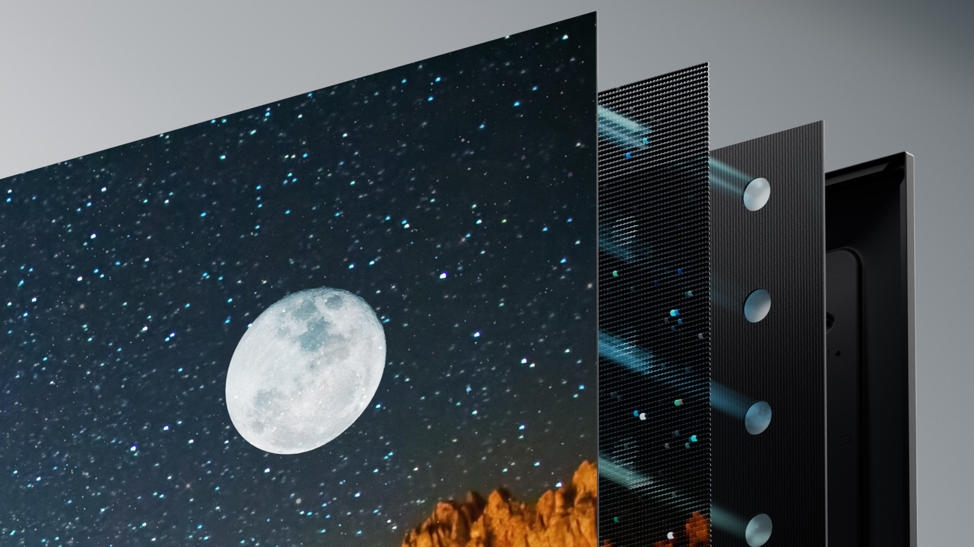 A visual demonstration of the 2025 Amazon Fire TV Omni&#039;s full-array LED backlighting that reveals all of the layers of the TV&#039;s display