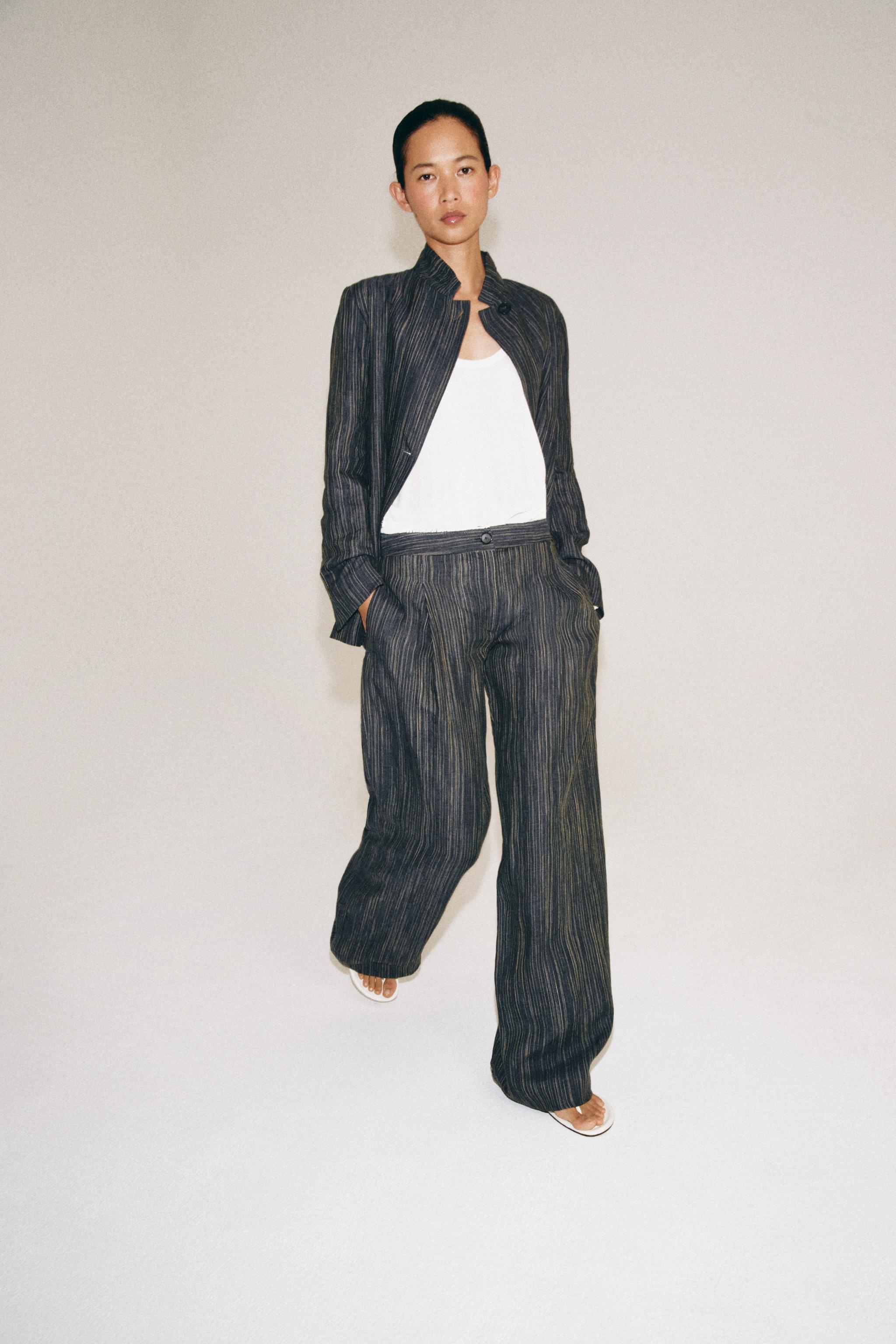 Zw Collection Striped Linen Trousers - Blue Grey - Xs