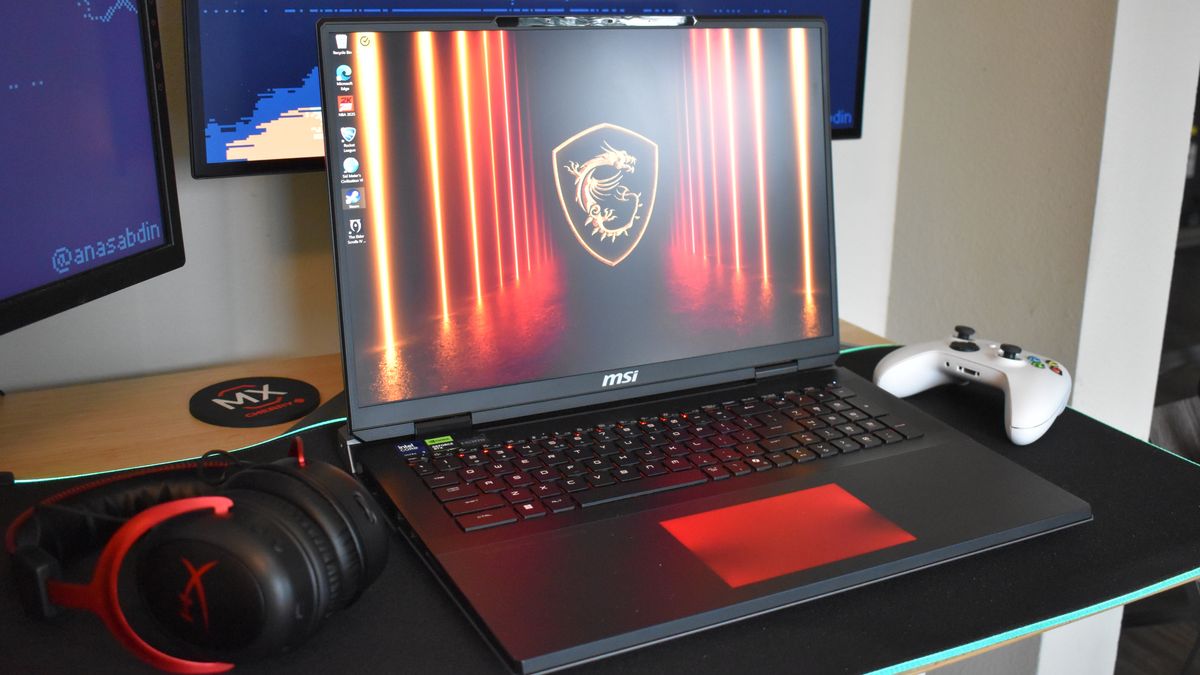 MSI Titan 18 HX AI gaming laptop on a black mouse pad