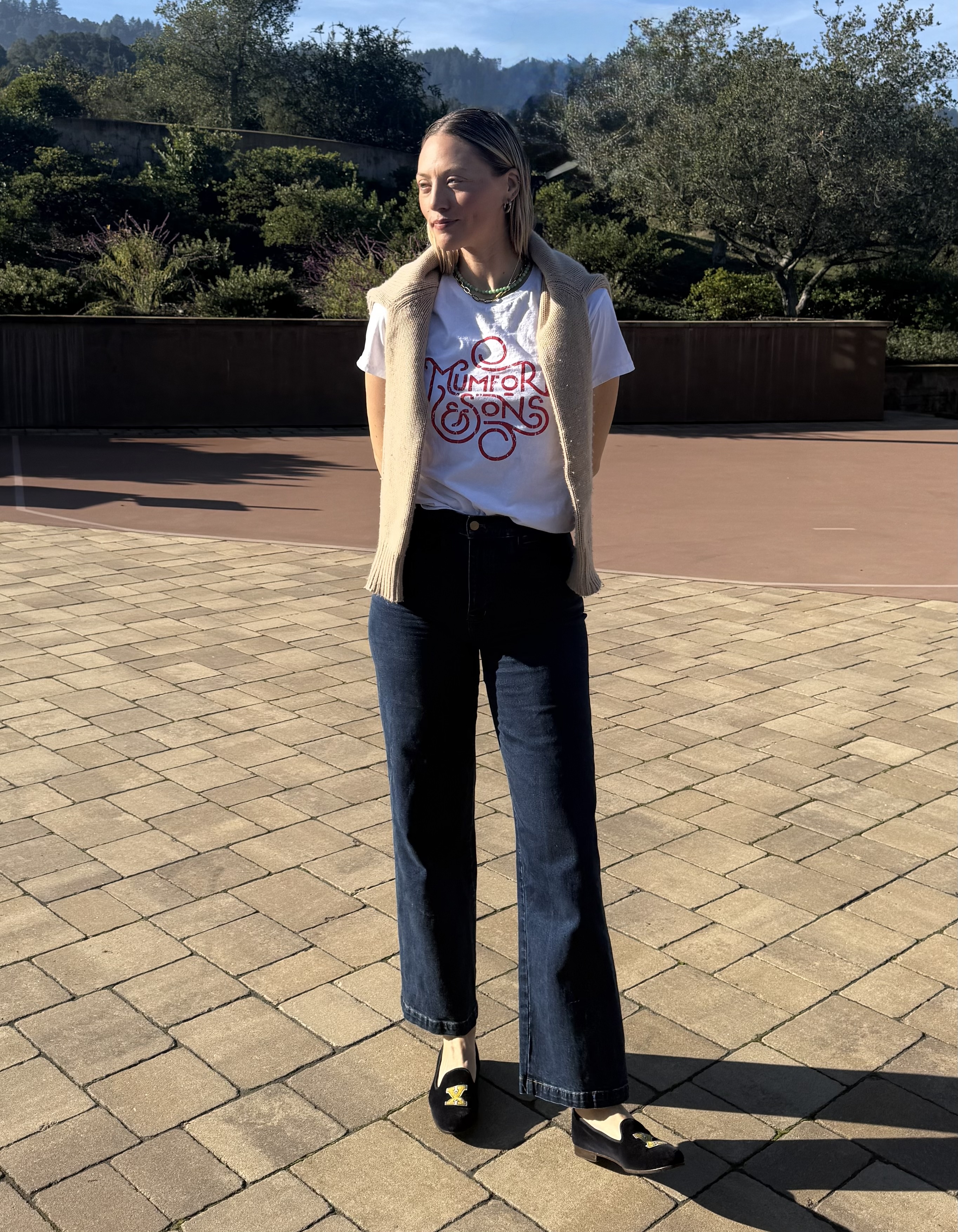 Brooke Ely Danielson in velvet smoking slippers