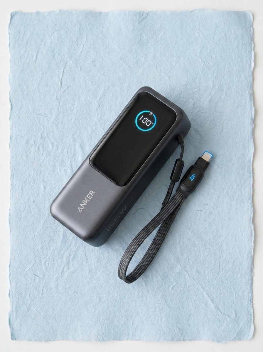 Anker office tech on a textured pale blue background