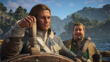 Assassin's Creed Black Flag Resynced reveal showcase screenshot shows Edward Kenway at the wheel of a ship.