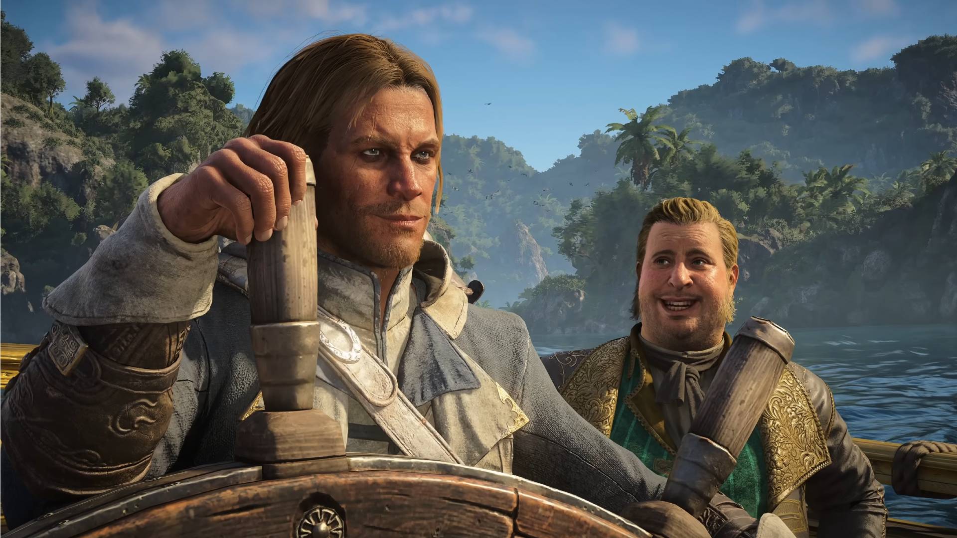 Assassin's Creed Black Flag Resynced reveal showcase screenshot shows Edward Kenway at the wheel of a ship.