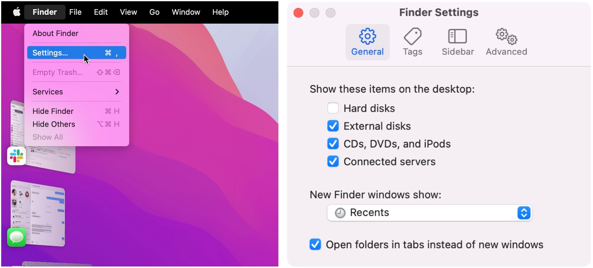 To adjust which device icons show on the Mac home screen, in Finder, click on Finder in the Menu bar and select Settings. Check/Uncheck the boxes for the types of items to display on your desktop.