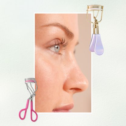 a woman with curled lashes and a blue background next to two eyelash curlers
