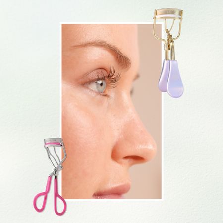 a woman with curled lashes and a blue background next to two eyelash curlers