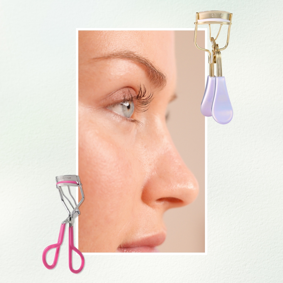 a woman with curled lashes and a blue background next to two eyelash curlers