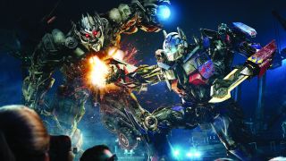 A depiction of Optimus Prime and Megatron fighting in Transformers: The Ride - 3D.