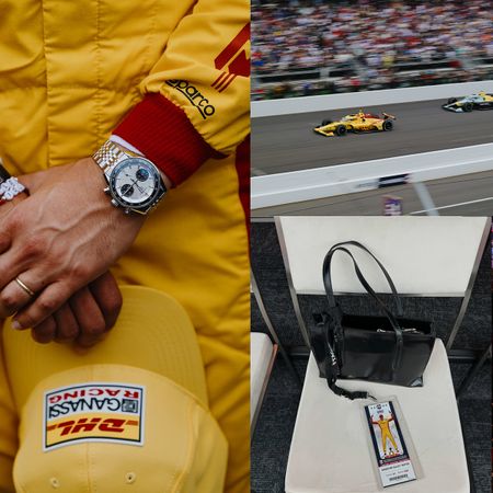 A collage featuring images taken during Eliza Huber's trip with TAG Heuer to the Indianapolis 500 in 2026.