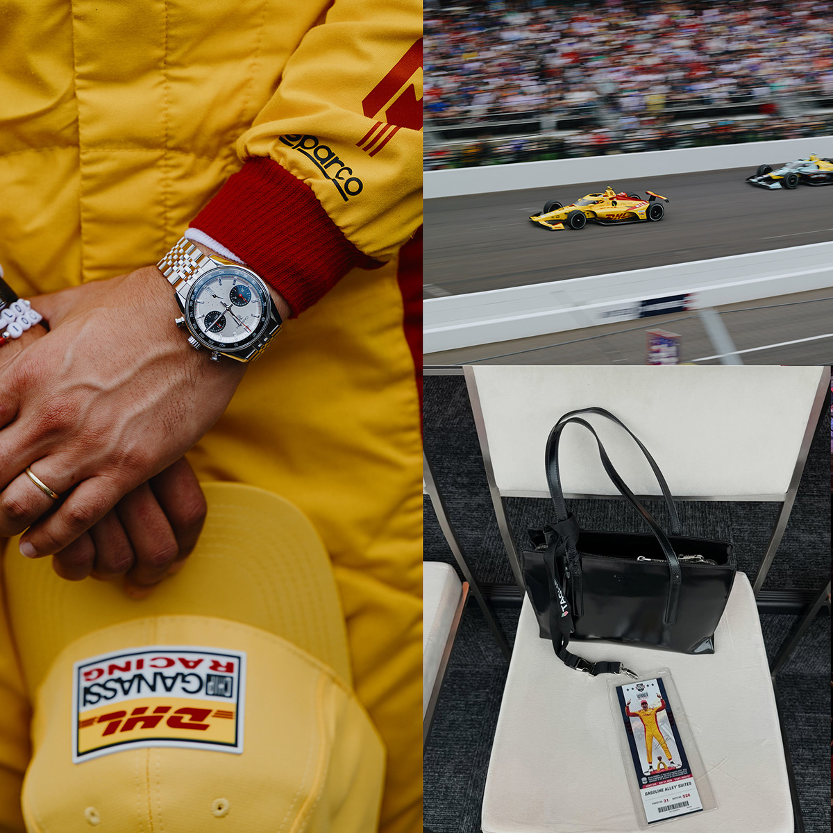A collage featuring images taken during Eliza Huber's trip with TAG Heuer to the Indianapolis 500 in 2026.