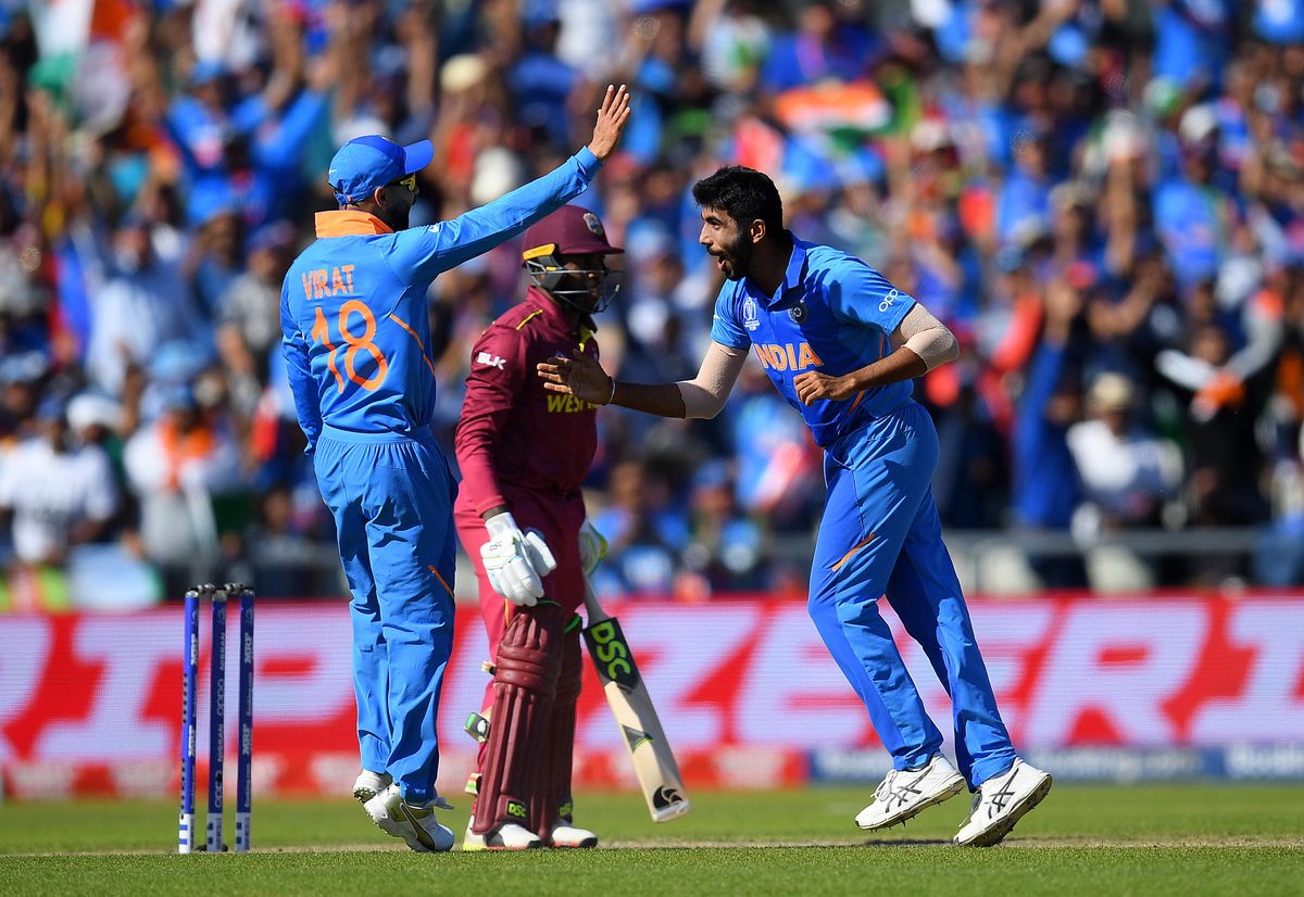 MANCHESTER, ENGLAND - JUNE 27: Jasprit Bumrah of India celebrates dismissing Fabian Allen of West Indies during the Group Stage match of the ICC Cricket World Cup 2019 between West Indies and India at Old Trafford on June 27, 2019 in Manchester, England. 