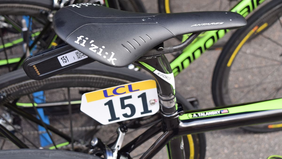 An all black Fizik Antares saddle for Talansky, marked for ease of setup
