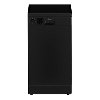 A black slimline dishwasher on a white background