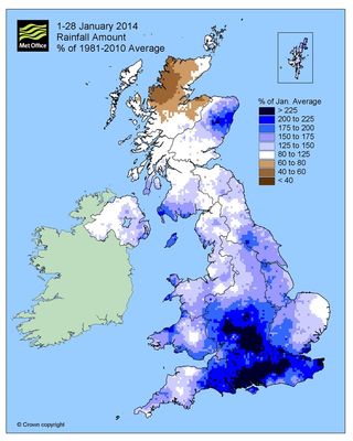 This map shows how much rainfall amounts across the United Kingdom have varied from average January values over the period of Jan. 1 - 28, 2014.