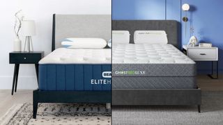 Bear Elite Hybrid vs GhostBed Luxe mattress comparison image. The Bear Elite Hybrid is a navy and white mattress in a grey-toned room. The GhostBed Luxe is a grey and white mattress in a room with blue walls and a grey rug.