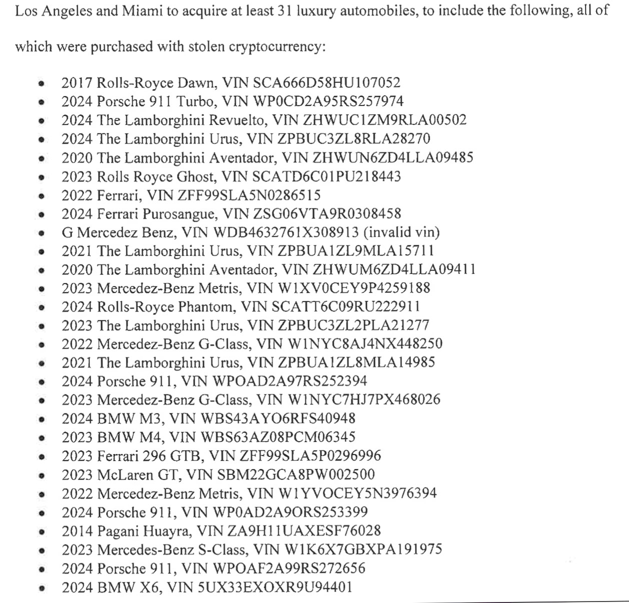 Court document screenshot of car fleet