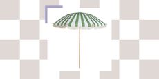 light pink and white checkerboard background with a product cutout of green and white striped garden umbrella.